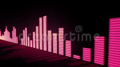 3D动画：音乐控制水平。 浅红色-粉红色橙色音频均衡器条随着来自镜子的反射而移动